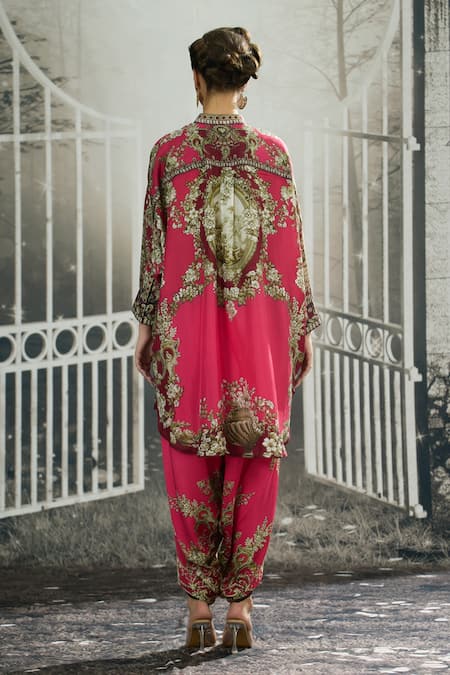 Shop_Rajdeep Ranawat_Pink Silk Embroidery Mandarin Collar Mabel Floral Ecstasy Print Tunic _at_Aza_Fashions