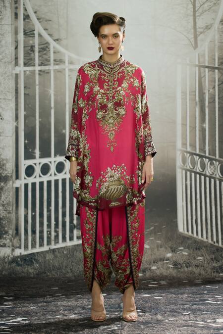 Rajdeep Ranawat_Pink Silk Embroidery Mandarin Collar Mabel Floral Ecstasy Print Tunic _Online_at_Aza_Fashions