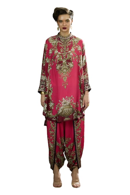 Buy_Rajdeep Ranawat_Pink Silk Embroidery Mandarin Collar Mabel Floral Ecstasy Print Tunic _Online_at_Aza_Fashions