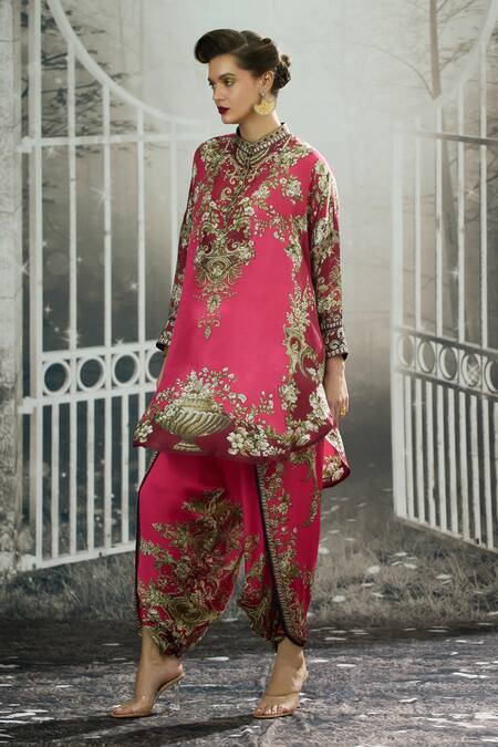 Shop_Rajdeep Ranawat_Pink Silk Embroidery Mandarin Collar Mabel Floral Ecstasy Print Tunic _Online_at_Aza_Fashions