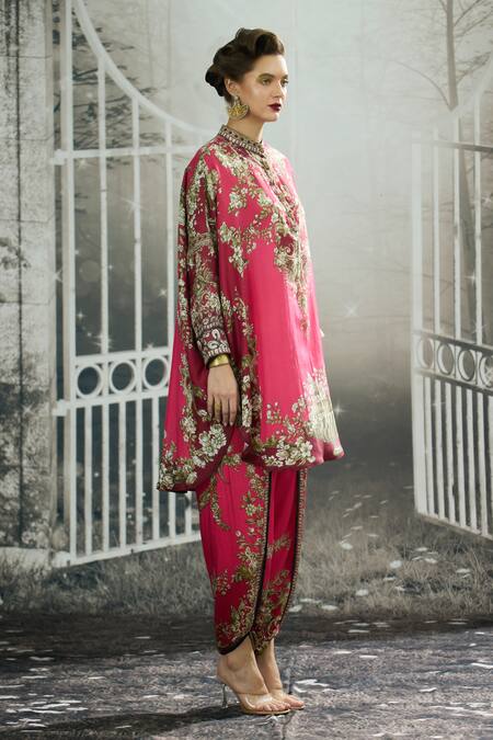 Rajdeep Ranawat_Pink Silk Embroidery Mandarin Collar Mabel Floral Ecstasy Print Tunic _at_Aza_Fashions