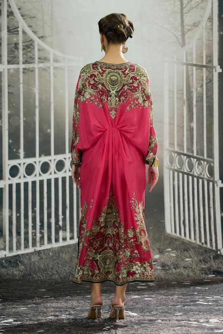 Shop_Rajdeep Ranawat_Pink Silk V-neck Rasika Empire Blossom Print Kaftan _at_Aza_Fashions