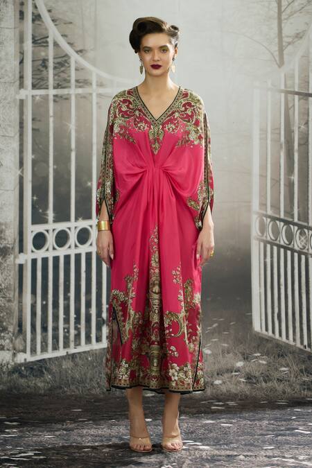 Buy_Rajdeep Ranawat_Pink Silk V-neck Rasika Empire Blossom Print Kaftan _Online_at_Aza_Fashions