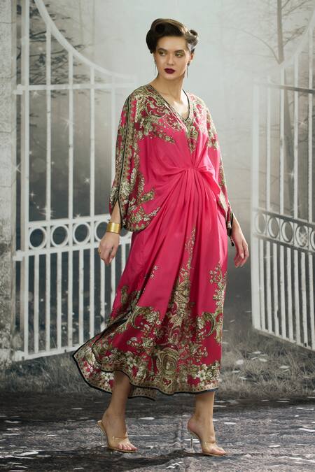Rajdeep Ranawat_Pink Silk V-neck Rasika Empire Blossom Print Kaftan _at_Aza_Fashions