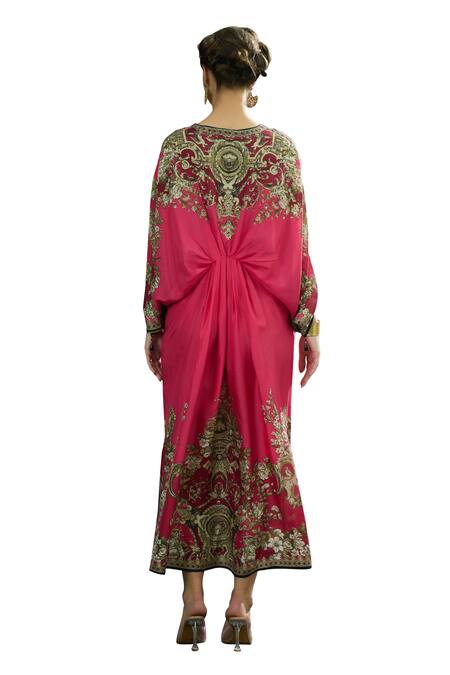 Buy_Rajdeep Ranawat_Pink Silk V-neck Rasika Empire Blossom Print Kaftan 