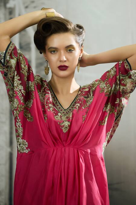 Shop_Rajdeep Ranawat_Pink Silk V-neck Rasika Empire Blossom Print Kaftan 