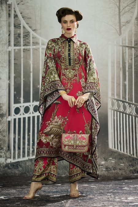 Shop_Rajdeep Ranawat_Pink Silk Embroidery Collared Sharifa Bloom Garden Print Kaftan _at_Aza_Fashions