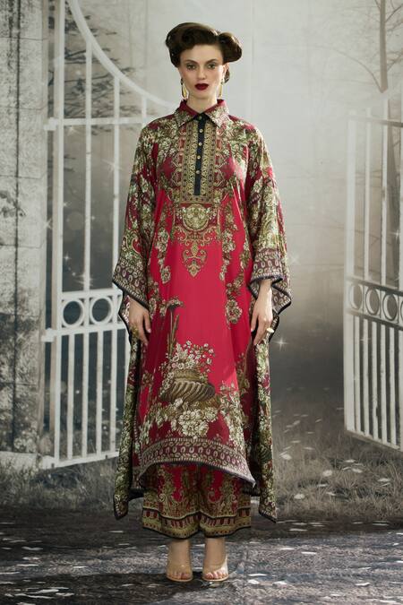 Rajdeep Ranawat_Pink Silk Embroidery Collared Sharifa Bloom Garden Print Kaftan _Online_at_Aza_Fashions