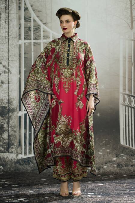 Buy_Rajdeep Ranawat_Pink Silk Embroidery Collared Sharifa Bloom Garden Print Kaftan _Online_at_Aza_Fashions