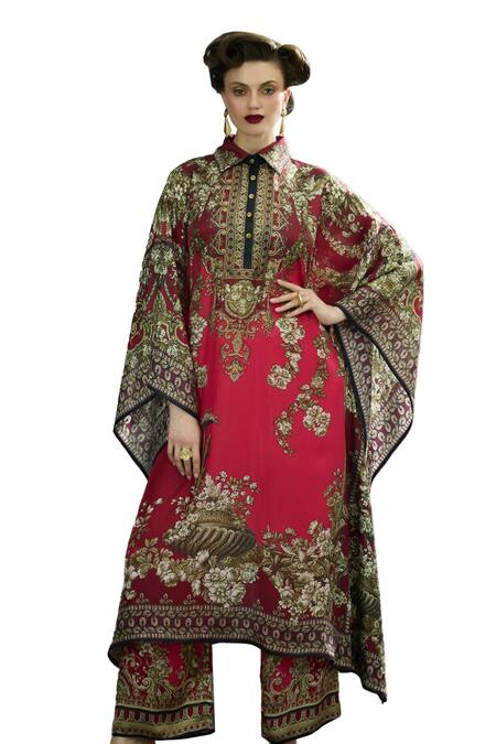 Shop_Rajdeep Ranawat_Pink Silk Embroidery Collared Sharifa Bloom Garden Print Kaftan _Online_at_Aza_Fashions