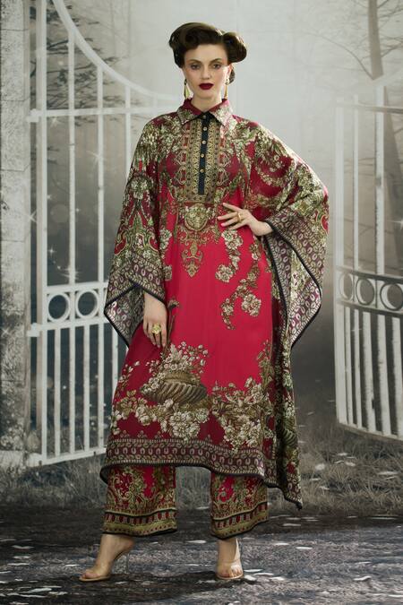 Rajdeep Ranawat_Pink Silk Embroidery Collared Sharifa Bloom Garden Print Kaftan _at_Aza_Fashions