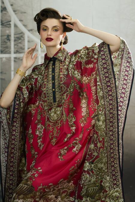 Buy_Rajdeep Ranawat_Pink Silk Embroidery Collared Sharifa Bloom Garden Print Kaftan 