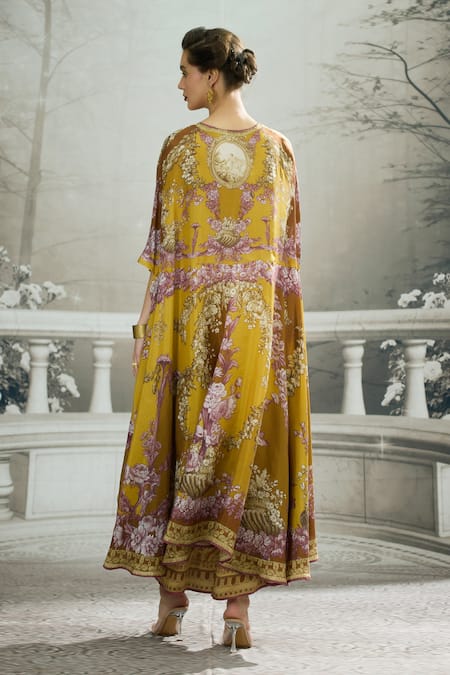 Shop_Rajdeep Ranawat_Yellow Silk Embroidery Round Neck Caprice Iris Florence Print Asymmetric Tunic _at_Aza_Fashions