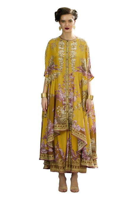 Rajdeep Ranawat_Yellow Silk Embroidery Round Neck Caprice Iris Florence Print Asymmetric Tunic _Online_at_Aza_Fashions