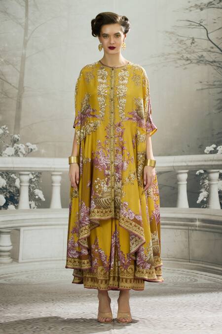 Buy_Rajdeep Ranawat_Yellow Silk Embroidery Round Neck Caprice Iris Florence Print Asymmetric Tunic _Online_at_Aza_Fashions