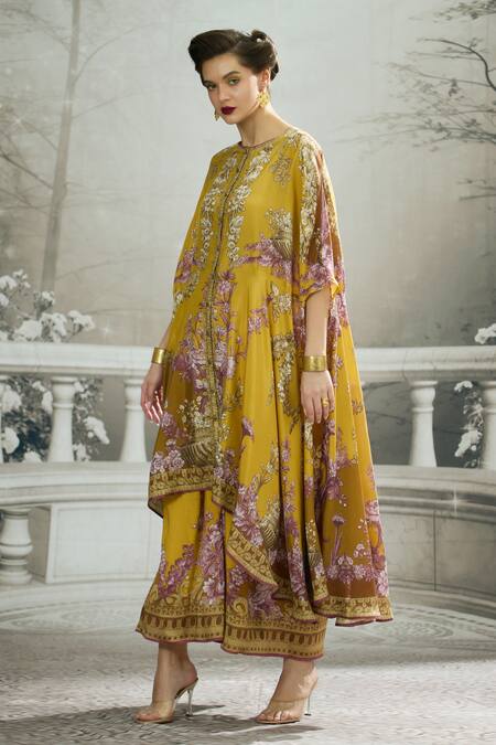 Shop_Rajdeep Ranawat_Yellow Silk Embroidery Round Neck Caprice Iris Florence Print Asymmetric Tunic _Online_at_Aza_Fashions