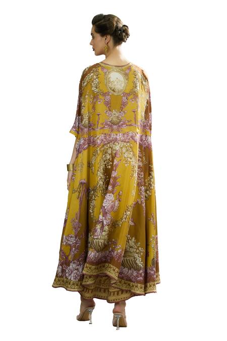 Rajdeep Ranawat_Yellow Silk Embroidery Round Neck Caprice Iris Florence Print Asymmetric Tunic _at_Aza_Fashions