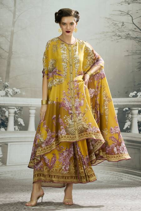 Buy_Rajdeep Ranawat_Yellow Silk Embroidery Round Neck Caprice Iris Florence Print Asymmetric Tunic 