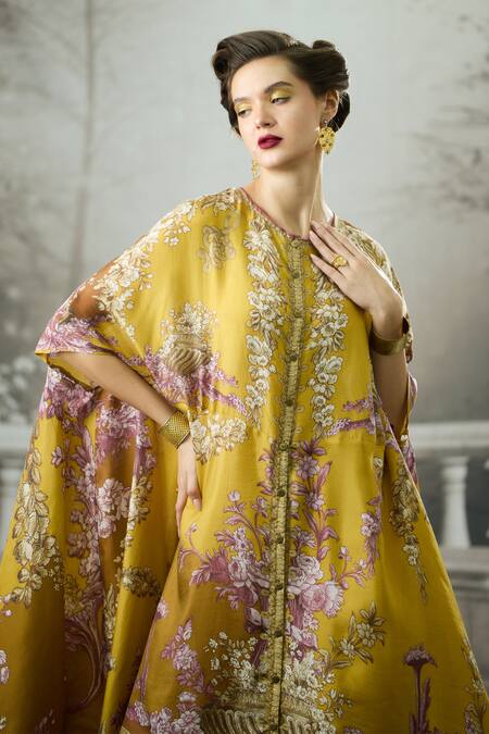 Shop_Rajdeep Ranawat_Yellow Silk Embroidery Round Neck Caprice Iris Florence Print Asymmetric Tunic 