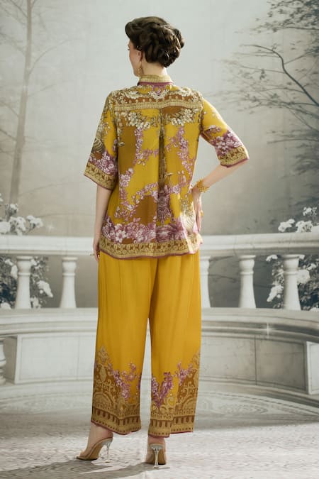 Shop Rajdeep Ranawat Yellow Silk Collared Maizah Vintage Iris Print Shirt at Aza Fashions Shop_Rajdeep Ranawat_Yellow Silk Collared Maizah Vintage Iris Print Shirt _at_Aza_Fashions