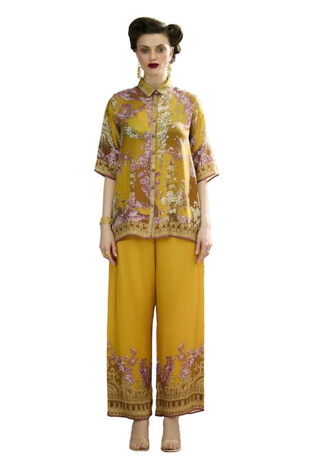 Rajdeep Ranawat Yellow Silk Collared Maizah Vintage Iris Print Shirt Online at Aza Fashions Rajdeep Ranawat_Yellow Silk Collared Maizah Vintage Iris Print Shirt _Online_at_Aza_Fashions