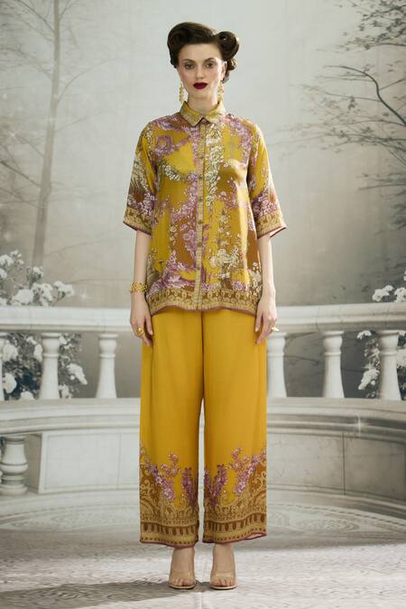 Buy Rajdeep Ranawat Yellow Silk Collared Maizah Vintage Iris Print Shirt Online at Aza Fashions Buy_Rajdeep Ranawat_Yellow Silk Collared Maizah Vintage Iris Print Shirt _Online_at_Aza_Fashions