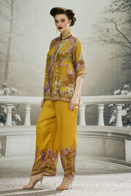Shop Rajdeep Ranawat Yellow Silk Collared Maizah Vintage Iris Print Shirt Online at Aza Fashions Shop_Rajdeep Ranawat_Yellow Silk Collared Maizah Vintage Iris Print Shirt _Online_at_Aza_Fashions