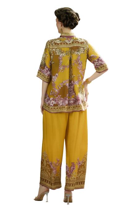 Rajdeep Ranawat Yellow Silk Collared Maizah Vintage Iris Print Shirt at Aza Fashions Rajdeep Ranawat_Yellow Silk Collared Maizah Vintage Iris Print Shirt _at_Aza_Fashions