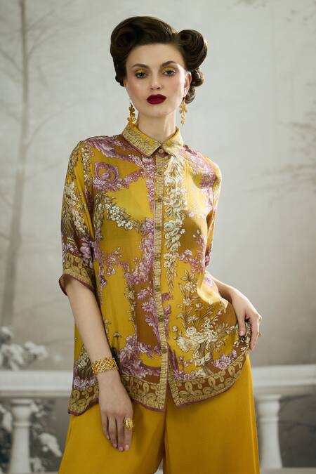 Buy Rajdeep Ranawat Yellow Silk Collared Maizah Vintage Iris Print Shirt Buy_Rajdeep Ranawat_Yellow Silk Collared Maizah Vintage Iris Print Shirt