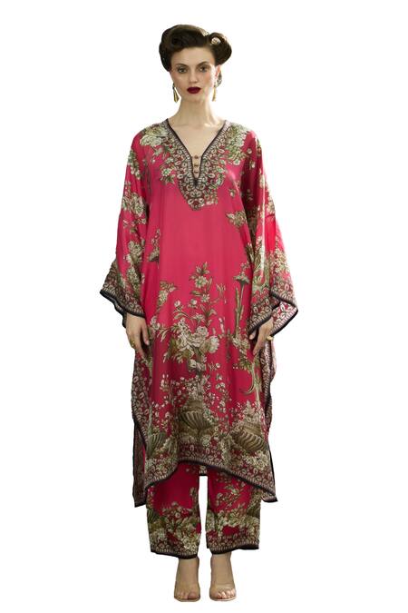 Rajdeep Ranawat_Pink V-neck Gufrina Garden Print Kaftan _Online_at_Aza_Fashions