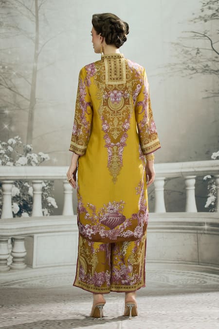 Shop_Rajdeep Ranawat_Yellow Silk Embroidery Bandeau Neck Baaka Florence Print High Low Tunic _at_Aza_Fashions