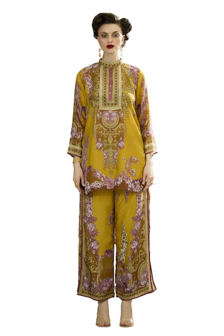 Buy_Rajdeep Ranawat_Yellow Silk Embroidery Bandeau Neck Baaka Florence Print High Low Tunic _Online_at_Aza_Fashions