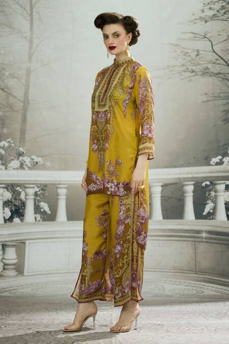 Shop_Rajdeep Ranawat_Yellow Silk Embroidery Bandeau Neck Baaka Florence Print High Low Tunic _Online_at_Aza_Fashions