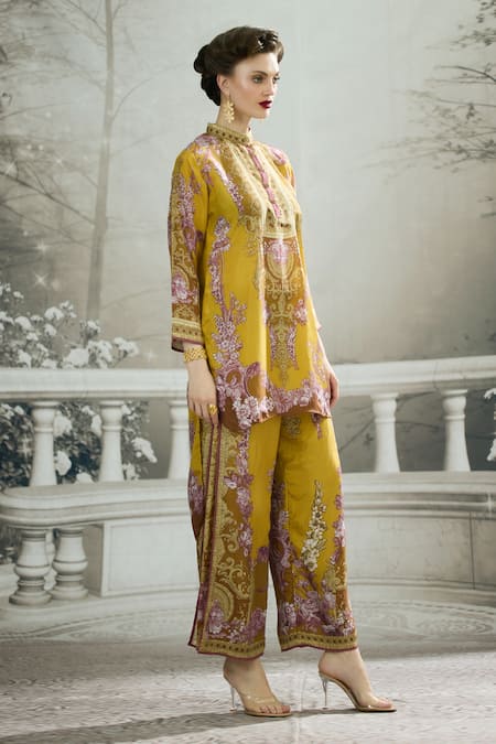 Rajdeep Ranawat_Yellow Silk Embroidery Bandeau Neck Baaka Florence Print High Low Tunic _at_Aza_Fashions