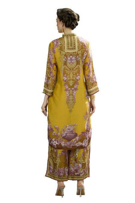 Buy_Rajdeep Ranawat_Yellow Silk Embroidery Bandeau Neck Baaka Florence Print High Low Tunic 