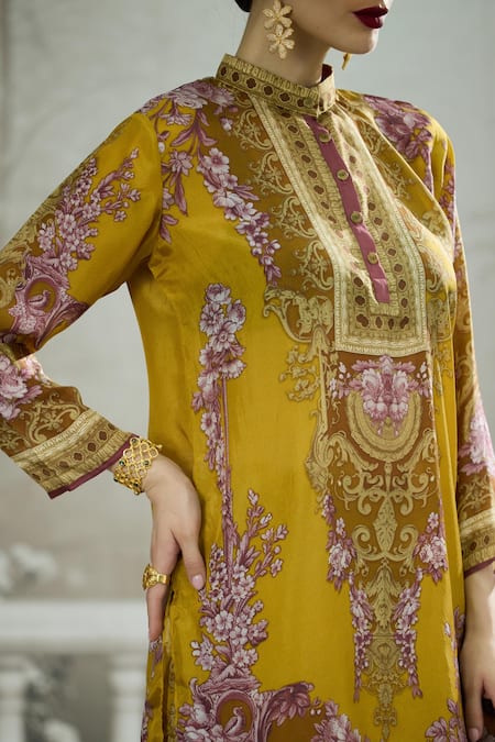 Shop_Rajdeep Ranawat_Yellow Silk Embroidery Bandeau Neck Baaka Florence Print High Low Tunic 