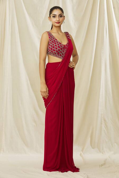 Arpan Vohra_Red Georgette, Tulle Sequins, Beads Scoop Embellished Bodice Cut Out Saree Gown _Online_at_Aza_Fashions
