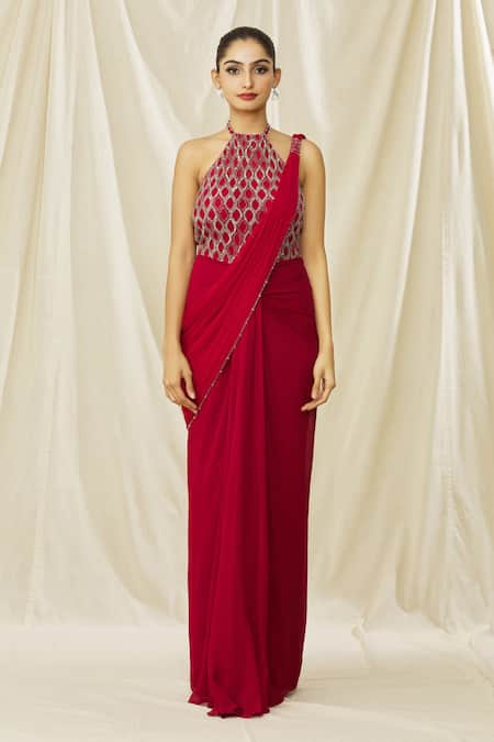 Arpan Vohra_Red Georgette, Tulle Halter Neck Embellished Saree Gown _at_Aza_Fashions