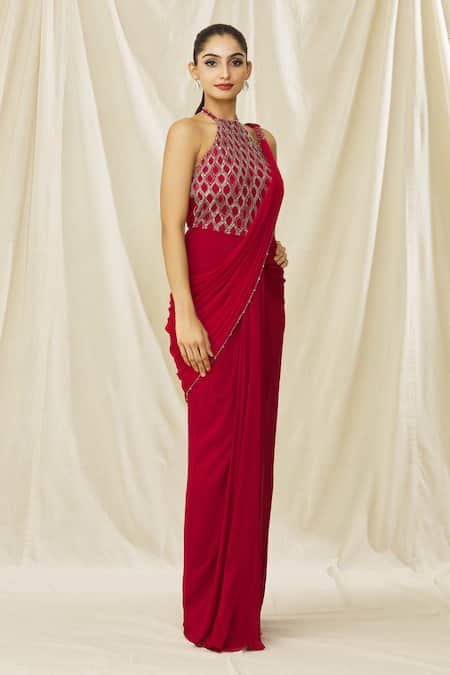 Arpan Vohra_Red Georgette, Tulle Halter Neck Embellished Saree Gown _Online_at_Aza_Fashions