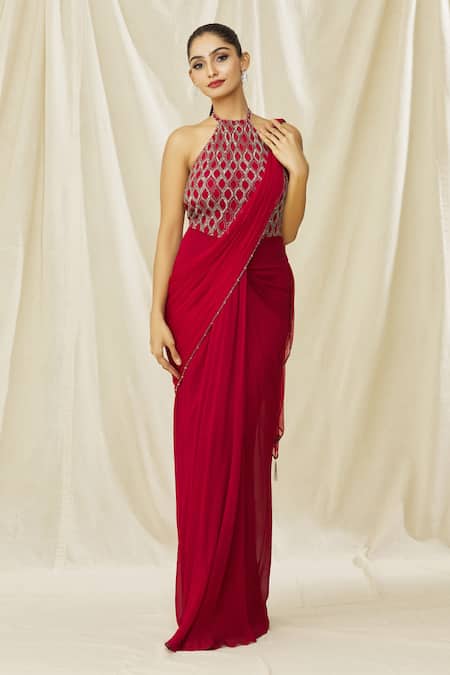 Buy Red Georgette Embroidered Embellished Bodice Cut Out Saree Gown For  Women by ARPAN VOHRA Online at Aza Fashions.