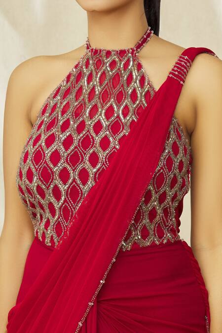 Shop_Arpan Vohra_Red Georgette, Tulle Halter Neck Embellished Saree Gown _Online_at_Aza_Fashions