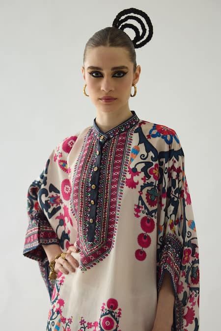 Buy_Rajdeep Ranawat_Red Modal, Satin Embroidery Chanel Floral Print Tunic And Permaz Flared Pant Set 