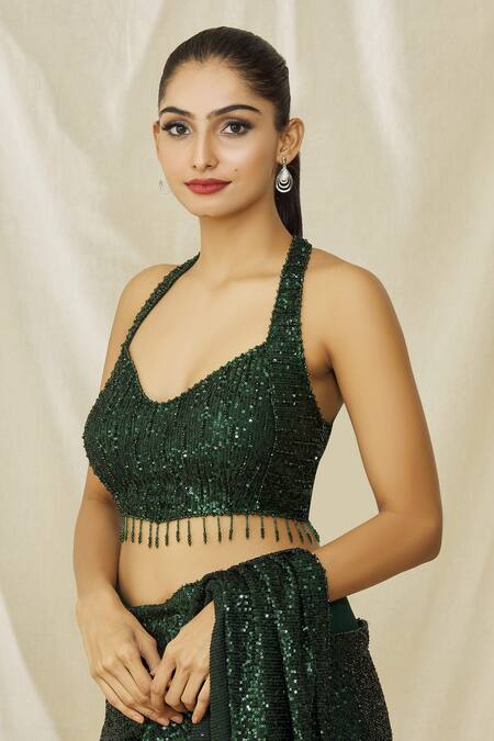 Arpan Vohra Emerald Green Georgette Sequins Halter Embellished Pre Draped Saree With Blouse Online at Aza Fashions Arpan Vohra_Emerald Green Georgette Sequins Halter Embellished Pre Draped Saree With Blouse_Online_at_Aza_Fashions