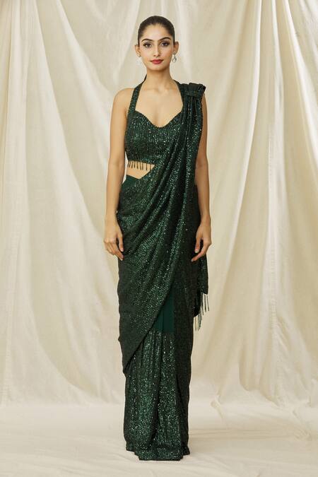 Buy Arpan Vohra Emerald Green Georgette Sequins Halter Embellished Pre Draped Saree With Blouse Online at Aza Fashions Buy_Arpan Vohra_Emerald Green Georgette Sequins Halter Embellished Pre Draped Saree With Blouse_Online_at_Aza_Fashions