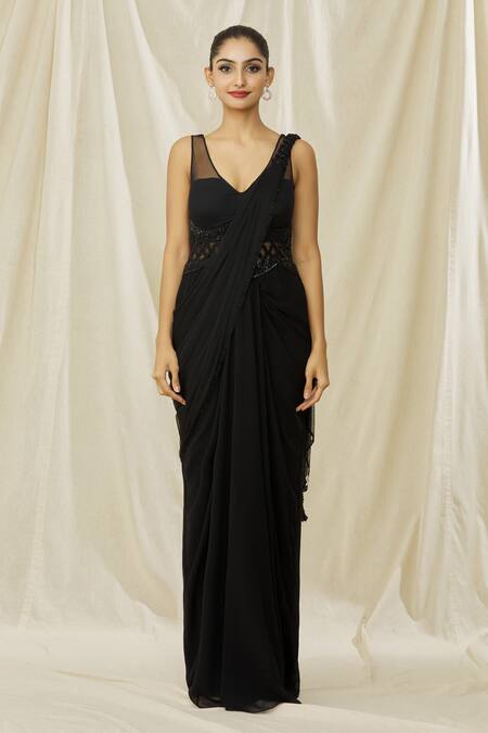 Arpan Vohra Black Tulle, Georgette Corset Belt Embellished Saree Gown at Aza Fashions Arpan Vohra_Black Tulle, Georgette Corset Belt Embellished Saree Gown _at_Aza_Fashions
