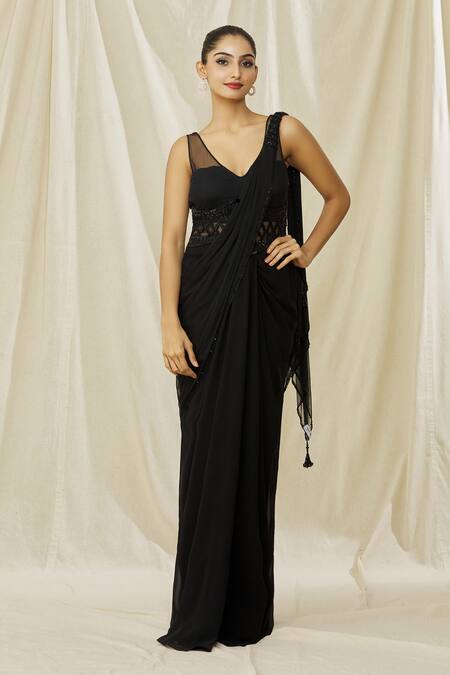 Buy Arpan Vohra Black Tulle, Georgette Corset Belt Embellished Saree Gown Online at Aza Fashions Buy_Arpan Vohra_Black Tulle, Georgette Corset Belt Embellished Saree Gown _Online_at_Aza_Fashions