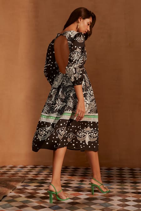 Shop_NOIB_Black Cotton V-neck Eva Butterfly Effect Print Midi Dress _at_Aza_Fashions