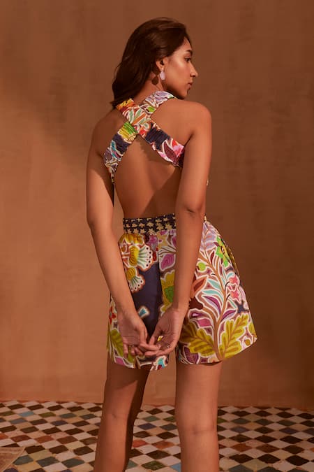 Shop NOIB Multi Color Gingham V-neck Fia Pleated Playsuit at Aza Fashions Shop_NOIB_Multi Color Gingham V-neck Fia Pleated Playsuit _at_Aza_Fashions