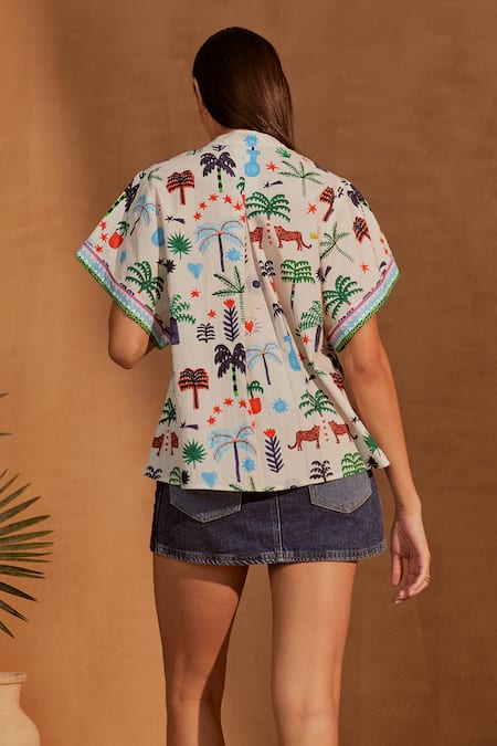 Shop_NOIB_White Gabardine Embroidery Collared Margot Printed Shirt _at_Aza_Fashions