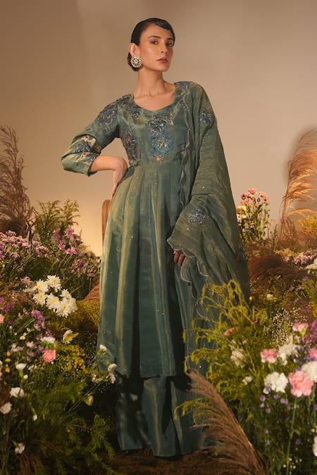 Shop_Midushi Bajoria_Green Crepe, Tissue Fleur Applique Swarovski Embellished Anarkali Gharara Set _at_Aza_Fashions